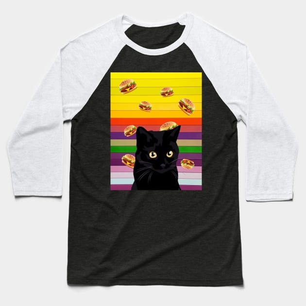 Black cat and burgers, Black cat collage art Baseball T-Shirt by reesea